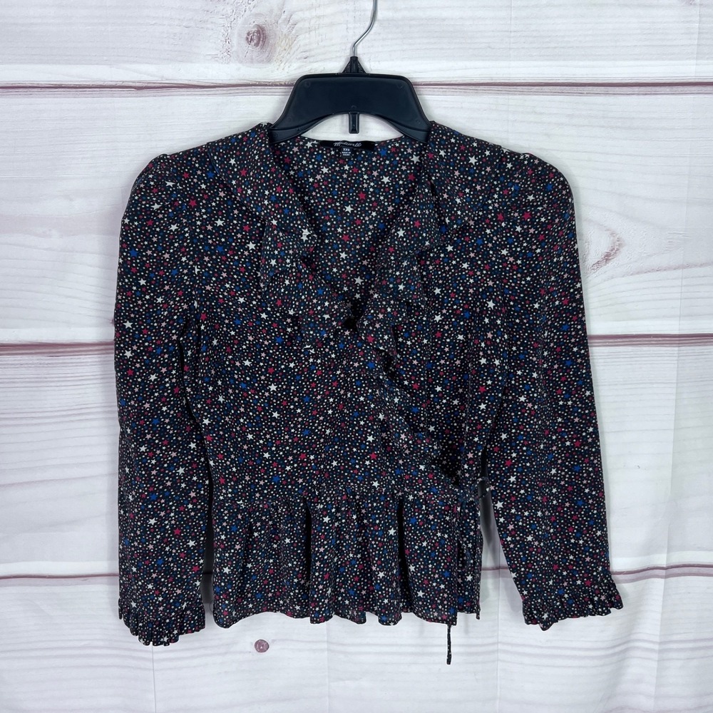 Madewell Top Womens XXS Black Silk Wrap Blouse Star Print Ruffle V-Neck Peplum